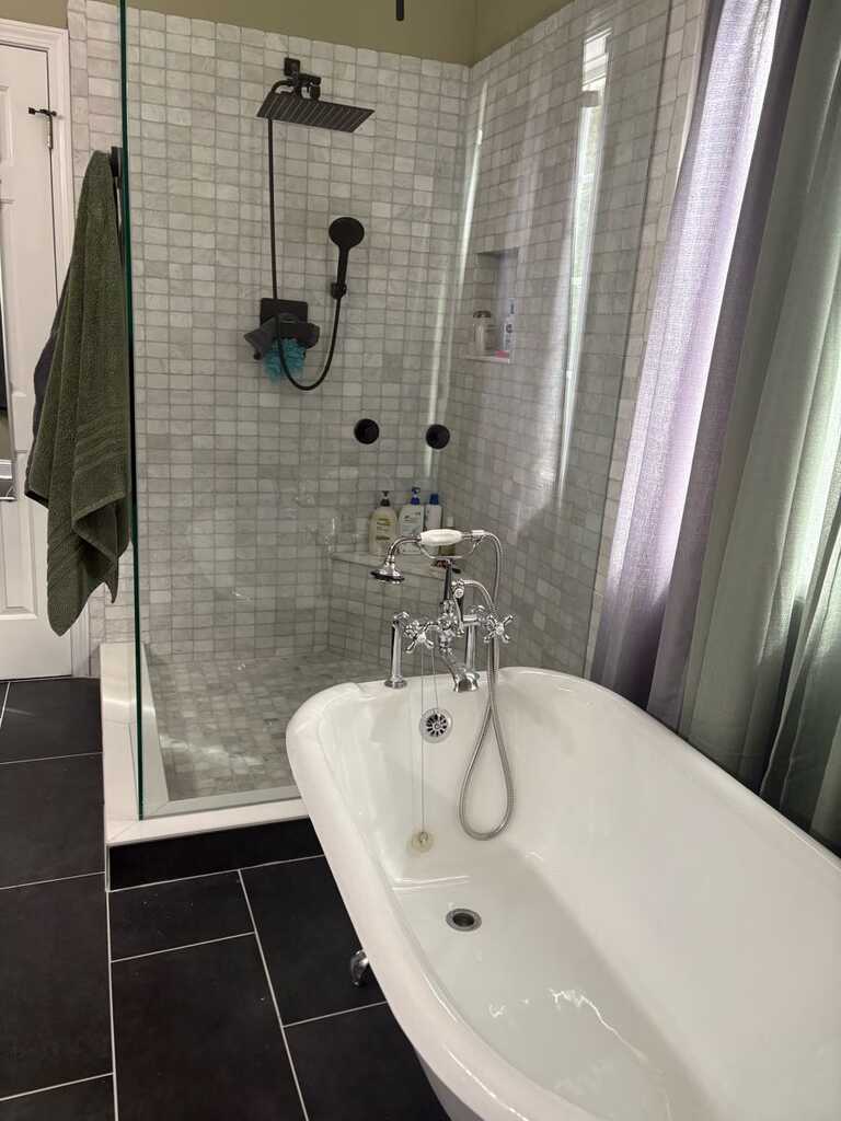 Custom tile shower and clawfoot tub plumbing install